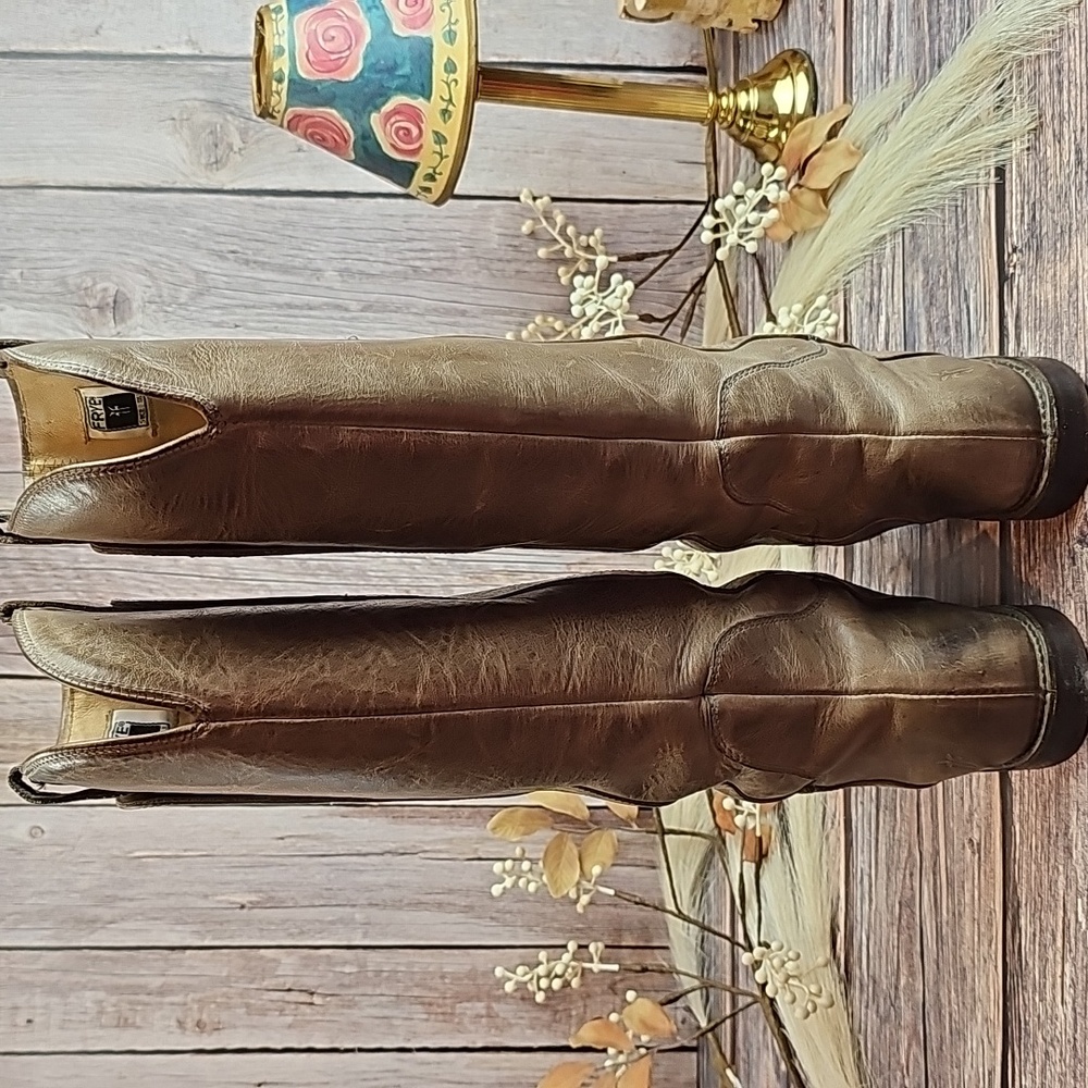 FRYE PAIGE TAUPE LEATHER TALL RIDING BOOTS - Picture 4 of 15